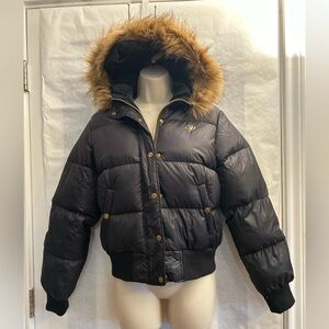 South Pole Vintage Black Puffer Down Jacket with faux trim hood Sz-L. WNTR